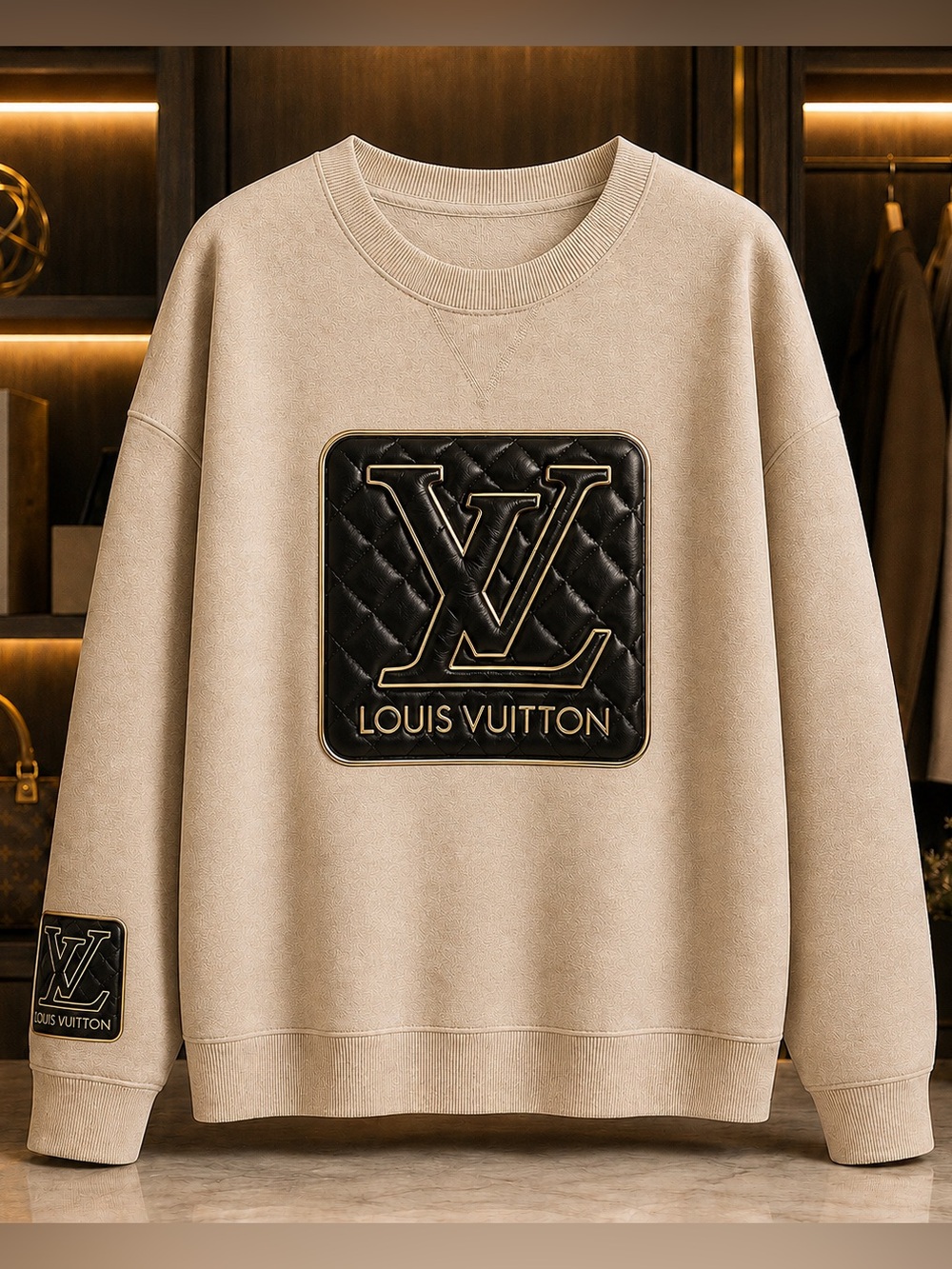 Plus Size Beige Crewneck Sweater with Black Quilted Logo Patch